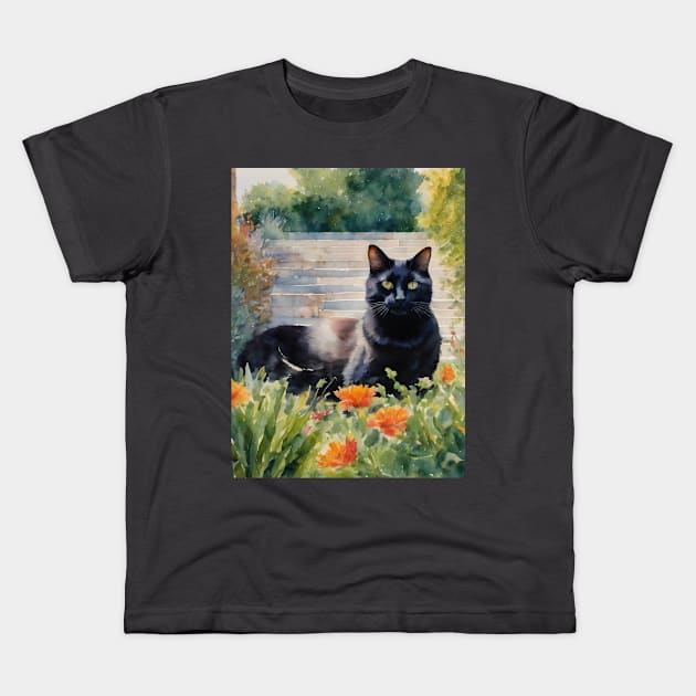 Black Cat In Garden Watercolour Cat Art Kids T-Shirt by vanityvibes